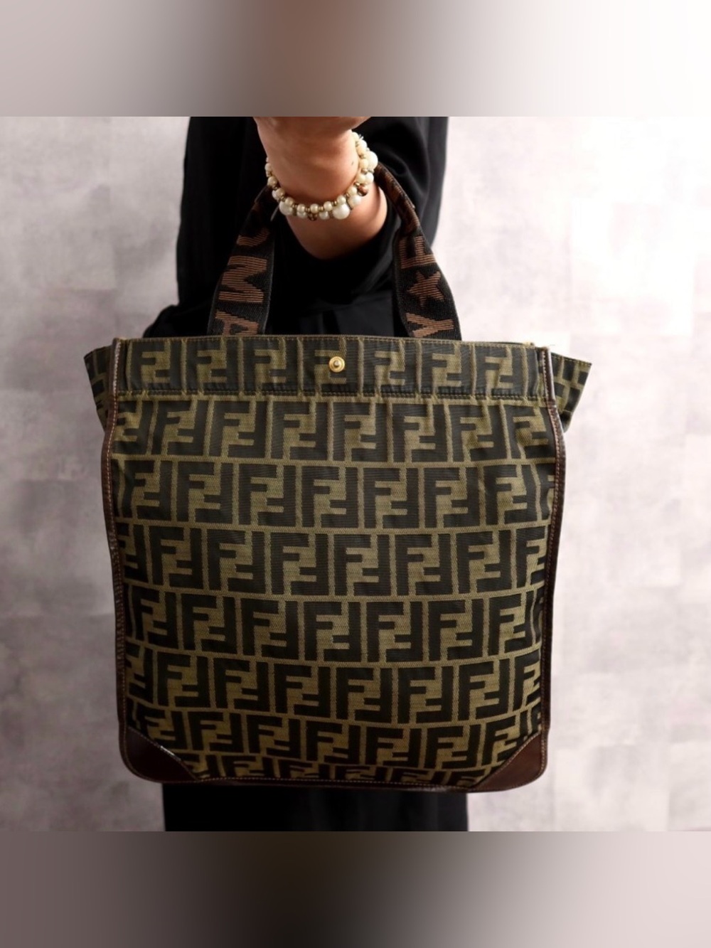 FENDI Zucca Canvas Calf Leather Tote Handbag
